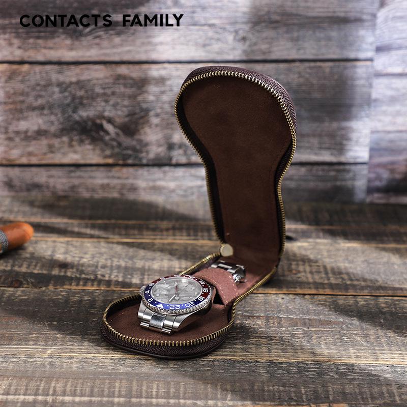 Vintage Crazy Horse Leather Family Watch Storage Box - High-End Genuine Leather Zipper Case