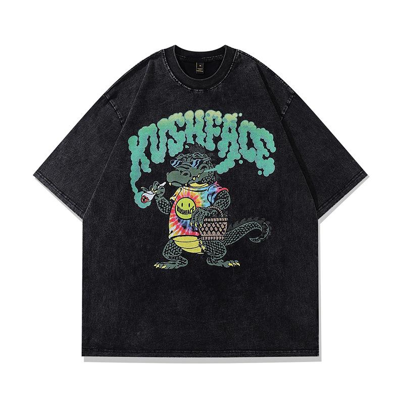 Harajuku Japanese Street Cartoon Print Old Short-Sleeved T-Shirt Men'S Trendy Brand Hip-Hop Loose Washed Five-Quarter Sleeve T-Shirt