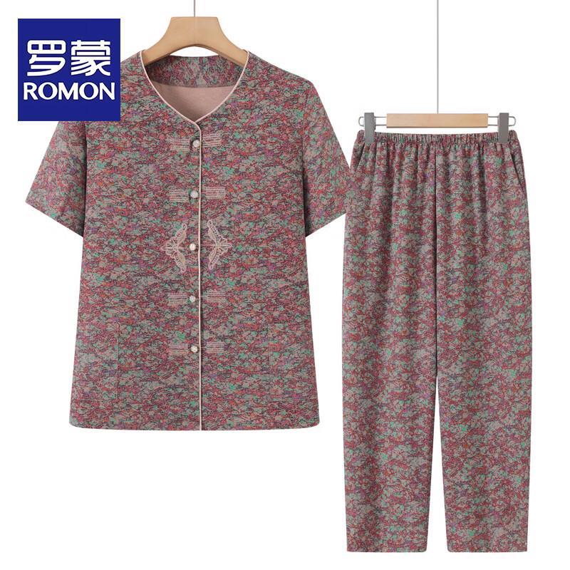 Romon Elderly Women s Floral Summer Two-Piece Set 2XL