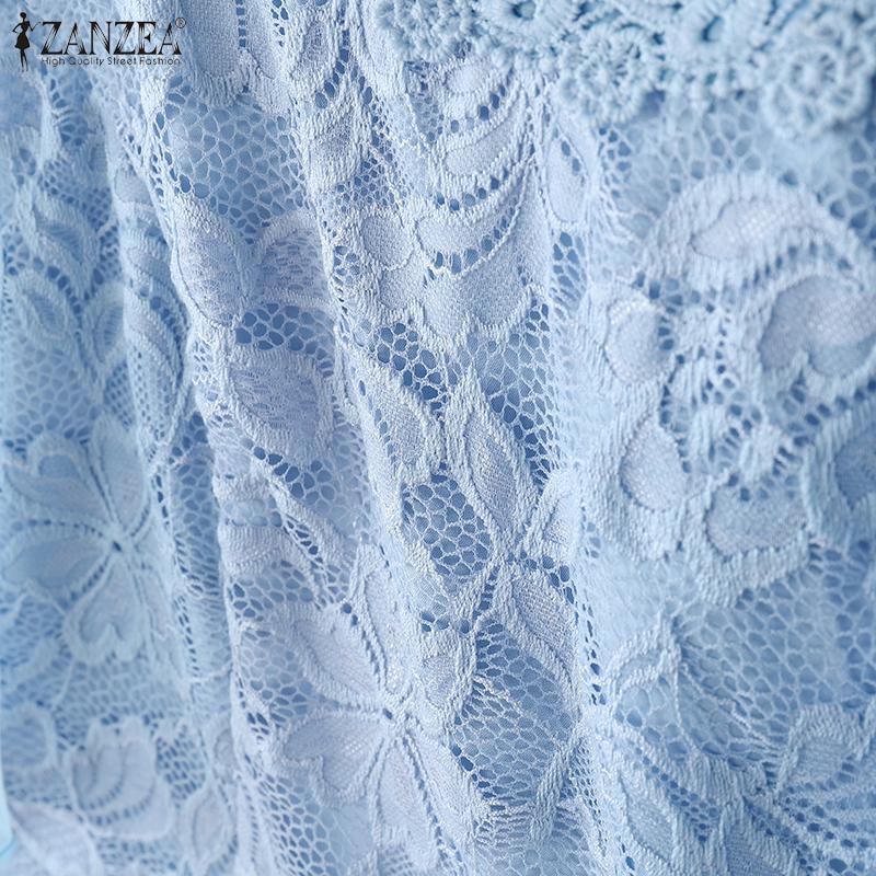 ZANZEA Women Casual Round Neck Ruffles Sleeve Lace Patchwork Blouse