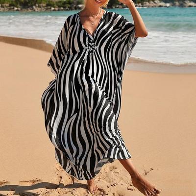 Women's Boho Cover Up, Plus Size Contrast Loose Fit Vacay Beach Kaftan Dress