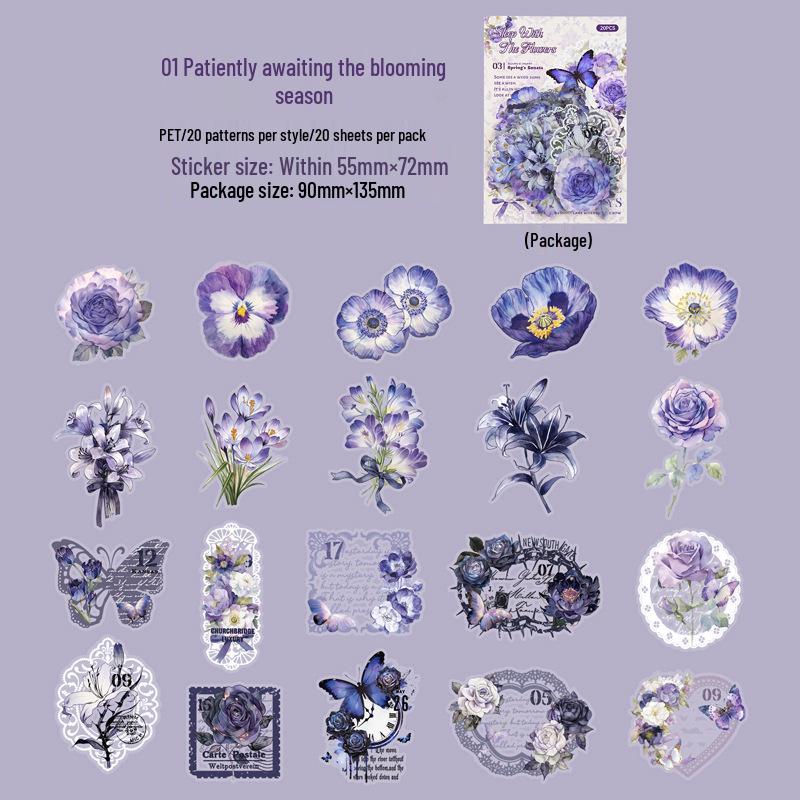 

Yibird PET Sticker Pack - Sleep with Flowers Series: 20 Sheets of Floral Journal DIY Decorative Material