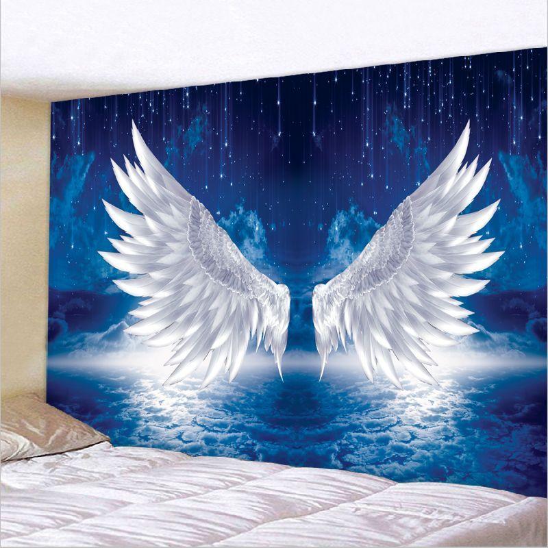 VIKAMA Starry Sky Angel Wings Tapestry Blue Cloud Sea Starry Sky White Wings Background Cloth Warm Tapestry Room Decoration