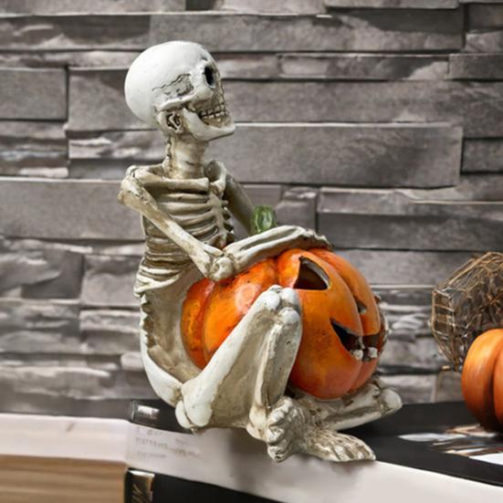 Halloween Skeleton Pumpkin Statue Spooky Pumpkin with Skull/Crow Sculpture Halloween Indoor Resin Ornament for Home Office Desk Decor