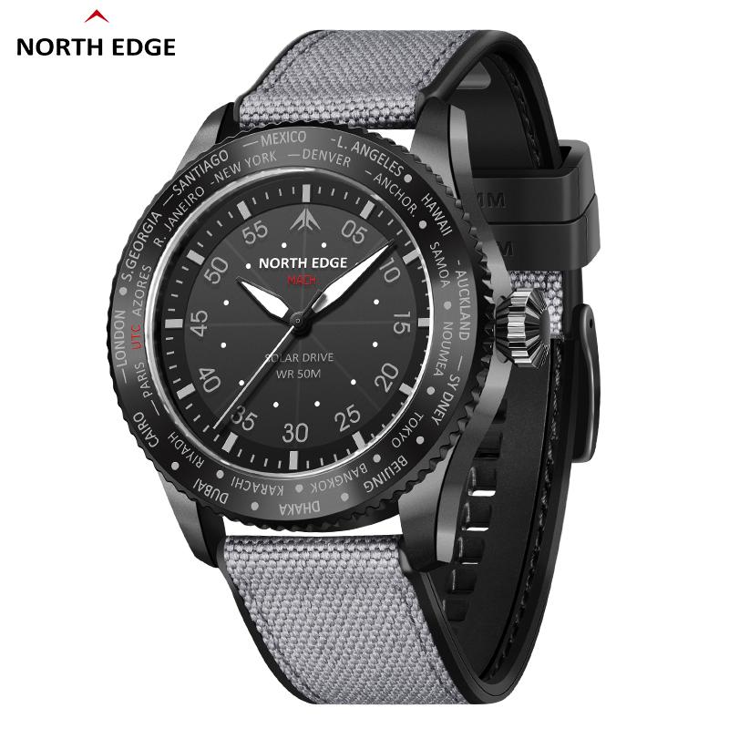 NORTH EDGE MACH Solar Power Quartz Watch Men Waterproof 50M Men's Pilot Sports Swimming Wristwatches Luminous 180+ Days Standby