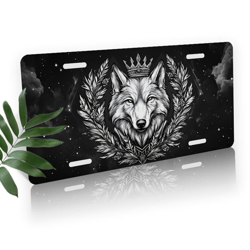 2D Flat, 2D Flat Car Plate Cover, Decorative Use Only, 1pc, 2D Flat, 126 License Plate Cover, Wolf Crown and Reed Flute Grass Wreath, Durable, Stylish