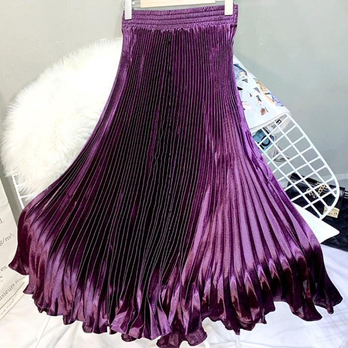Women Reflective Bright Satin Long Skirt with Solid Color Pleated A-Line Skirts for Fall