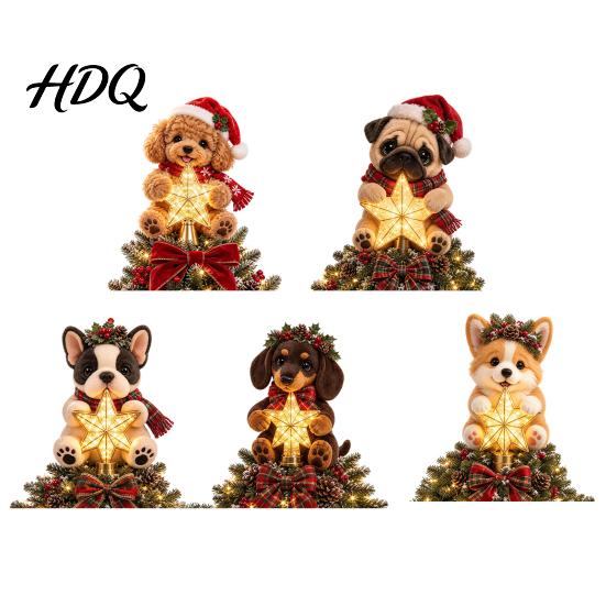 Cute Puppy Ornament Dog Christmas Tree Topper with Light Warm LED Star Plush Decoration Universal Base for Pet Lover Unique