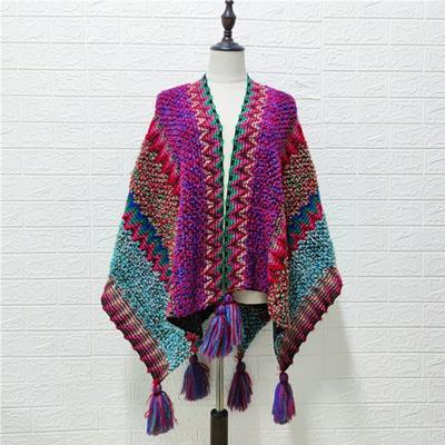 Winter Capes Cardigan Colorful Striped V Neck Contrast Colors Ethnic Style Knitting Bohemian Tassel Lady Poncho for Work