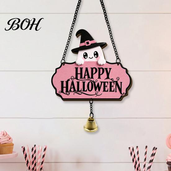Cute Ghost Wall Decor Halloween Witch Hat Door Sign, Wooden Hanging Decoration, Rustic Farmhouse Sign Doorbell Pendants for Indoor Outdoor Home