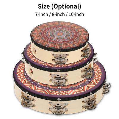 Wooden Tambourine Handbell Hand Drum with Double Row Metal Cymbals Jingles Musical Percussion Instrument for Kids Games Adults