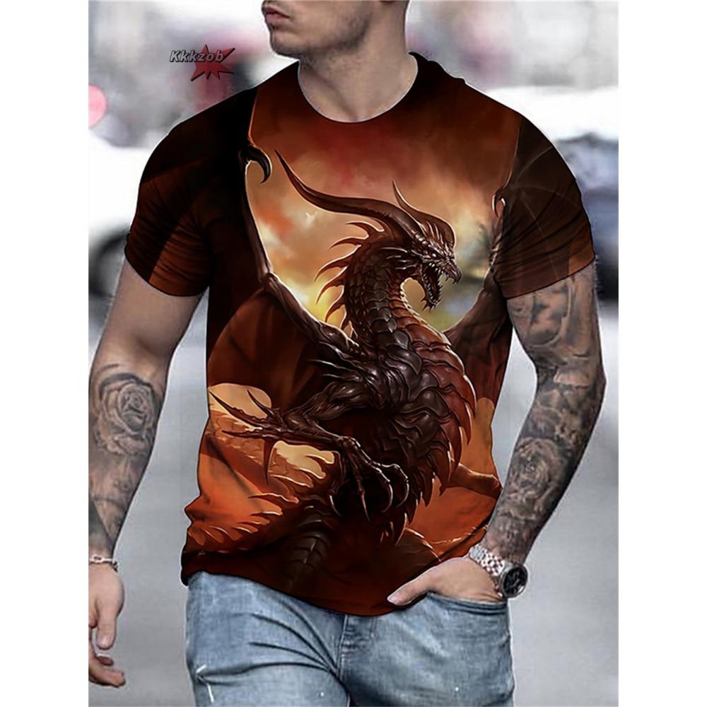 Summer Wolf Fire Dragon Printed Men's T-shirt Men's Printed Fashion Festival Round Neck Men's Short Sleeve Outdoor Street Casual T-shirt
