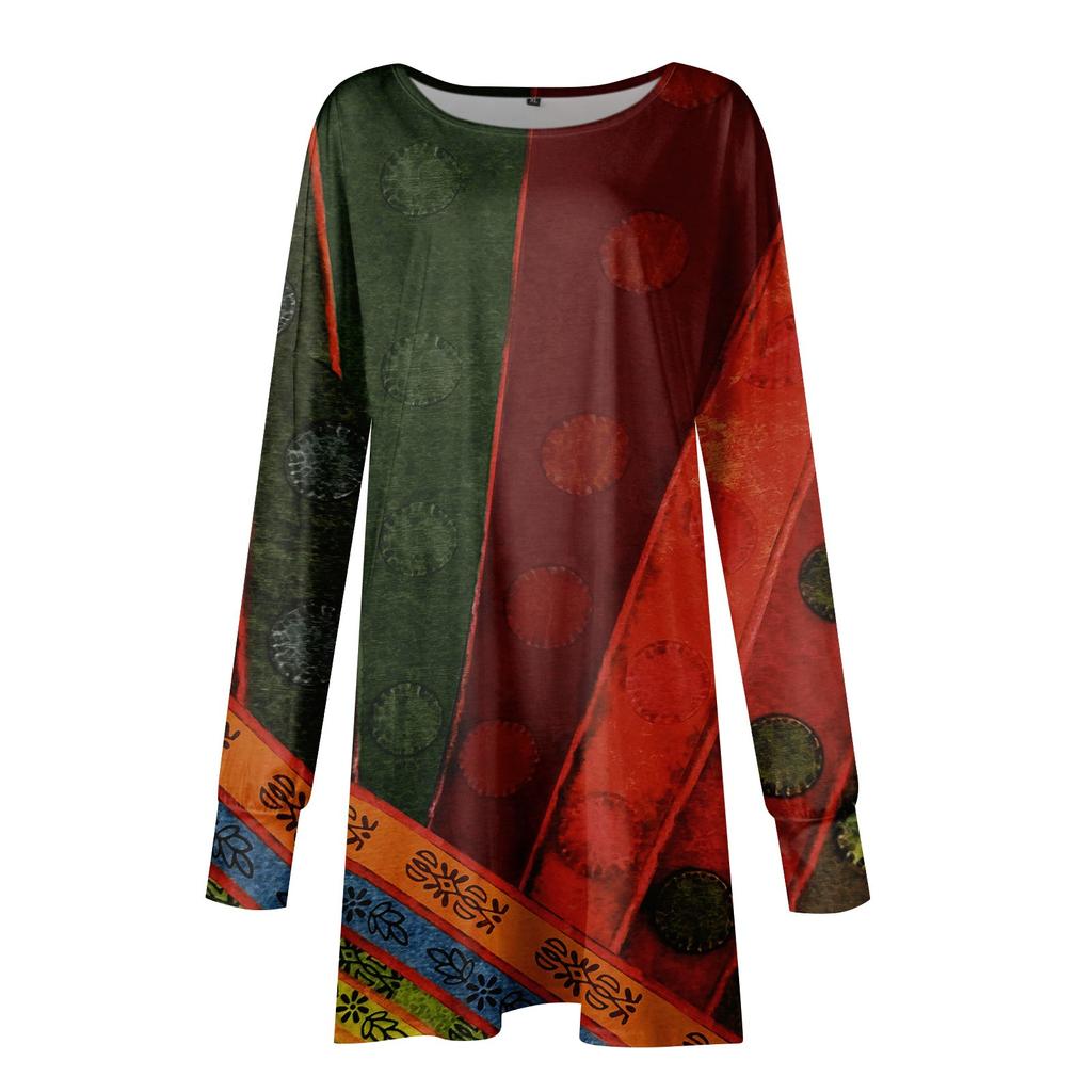 Women's Fashionable Ethnic Style Printed Round Neck Loose Fitting Long Sleeved Dress