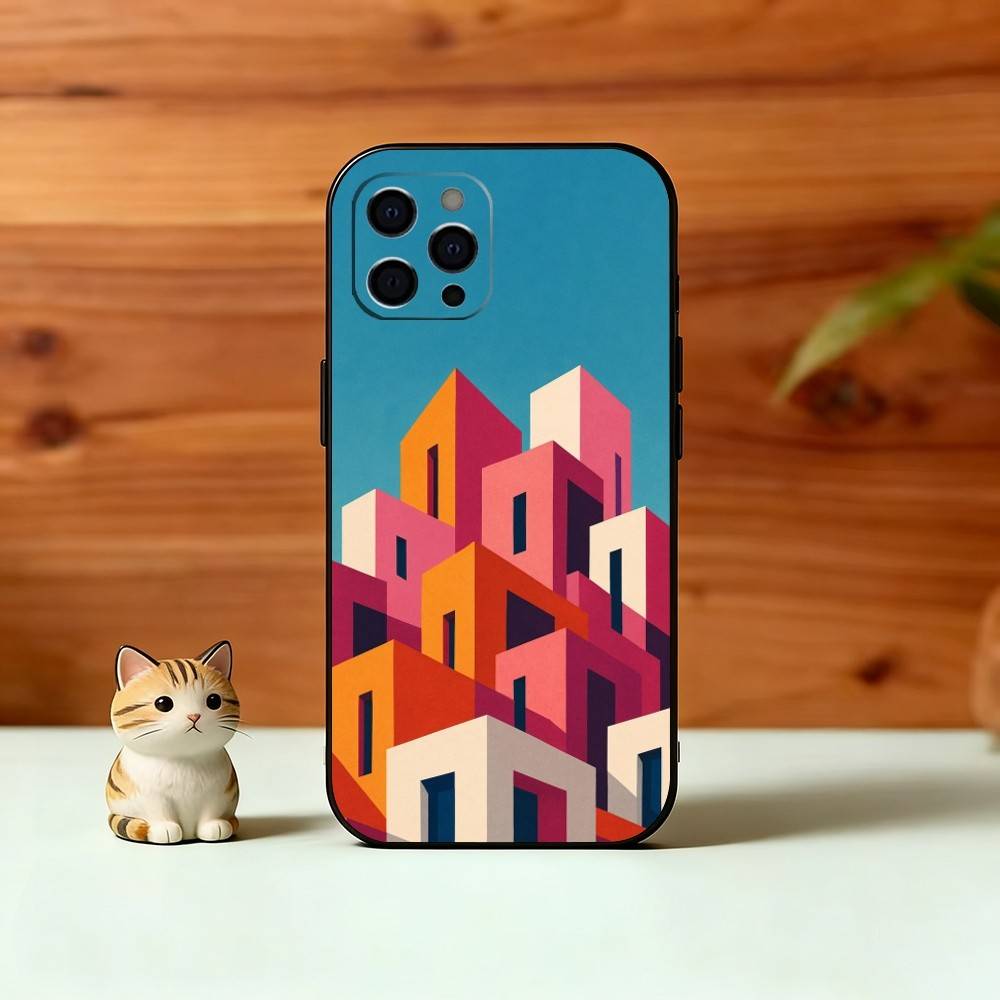 Minimal Bauhaus Pattern Phone Case For iPhone 17,16,15,14,13,12,11 Plus,Pro Max,XS,Soft Silicone Black Cover