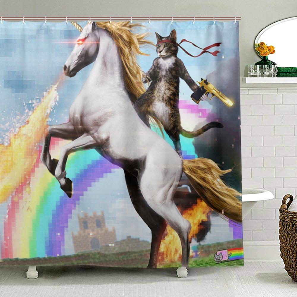 

Waterproof Unicorn Shower Curtain Cat Hero With Gun Bath Curtain Polyester Fabric Washable Curtain Bathroom Decor With 12 Hooks W120x H180cm