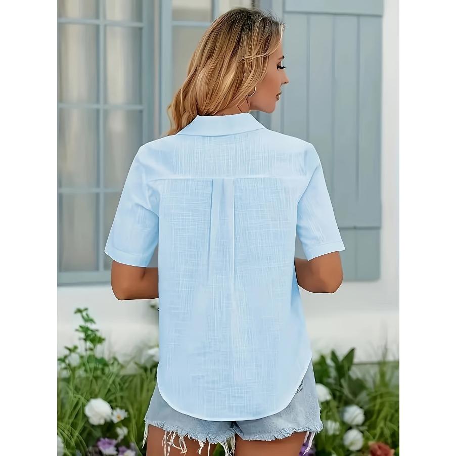 Fashion Bamboo Style Cotton Shirt Women's Short Sleeved Shirts Casual Lapel Neck Top Soft and Comfortable Blouse