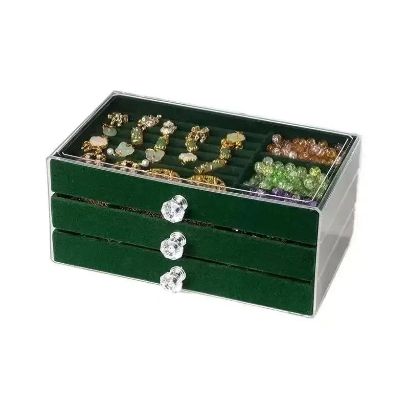 Three-drawer large capacity velvet earrings bracelet ring jewelry organizer dust oxidation jewelry box desktop models