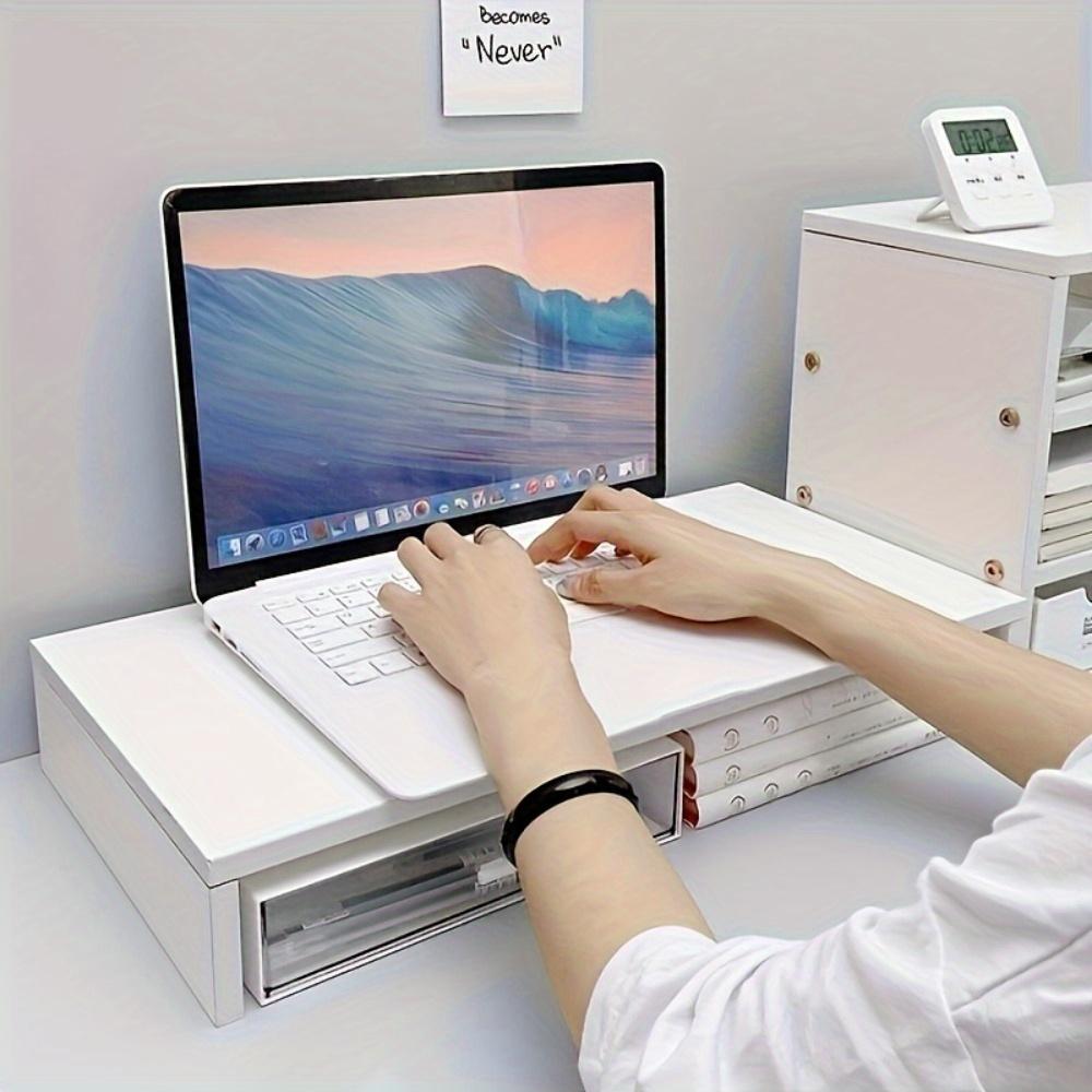 Modern White Matte Wooden Laptop Stand - Elegant Desk Organizer with Multi-Layer Storage Rack for Office & Dorm Room Efficiency