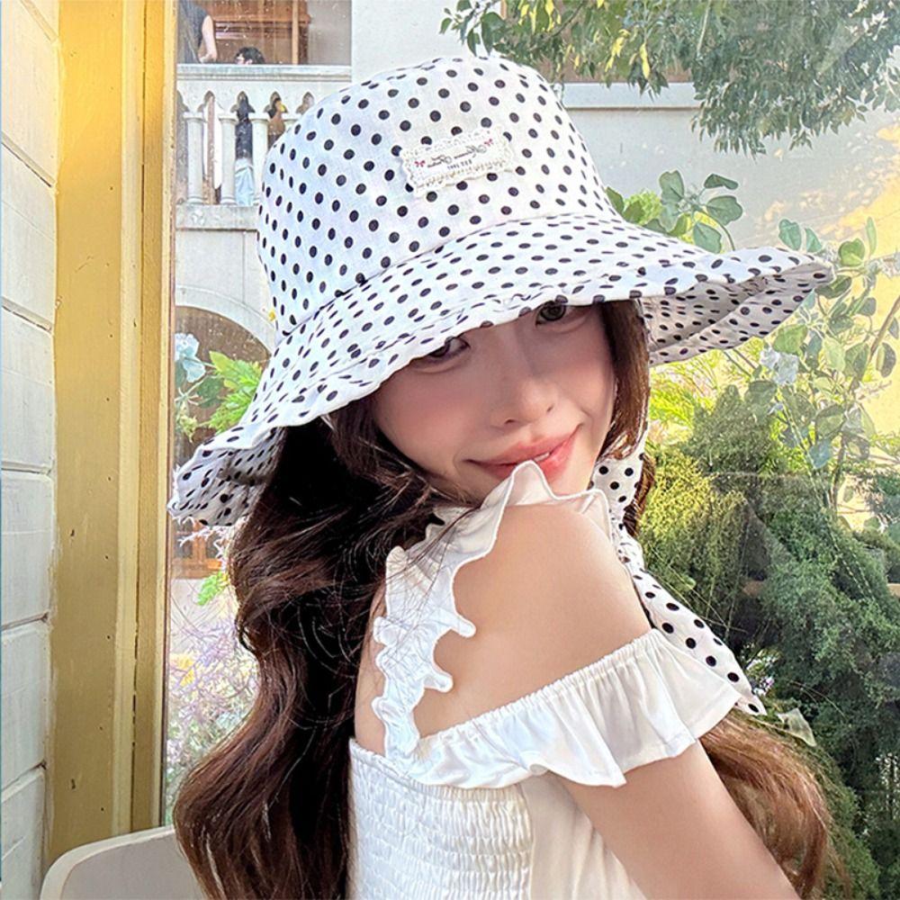 Ribbon Women Fisherman Hat Polka Dot Bucket Hat Fashion Sunscreen Visor Cap  Hiking