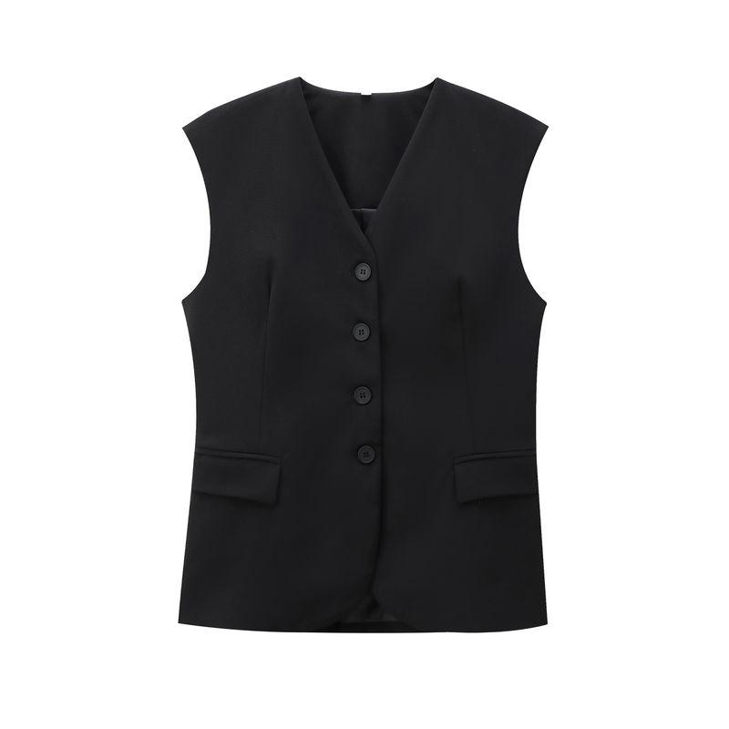 Jnleaog New Fall Women's Clothing Fashion French Style Design Fashion All-Match Casual Pure Color Pocket Decoration Vest