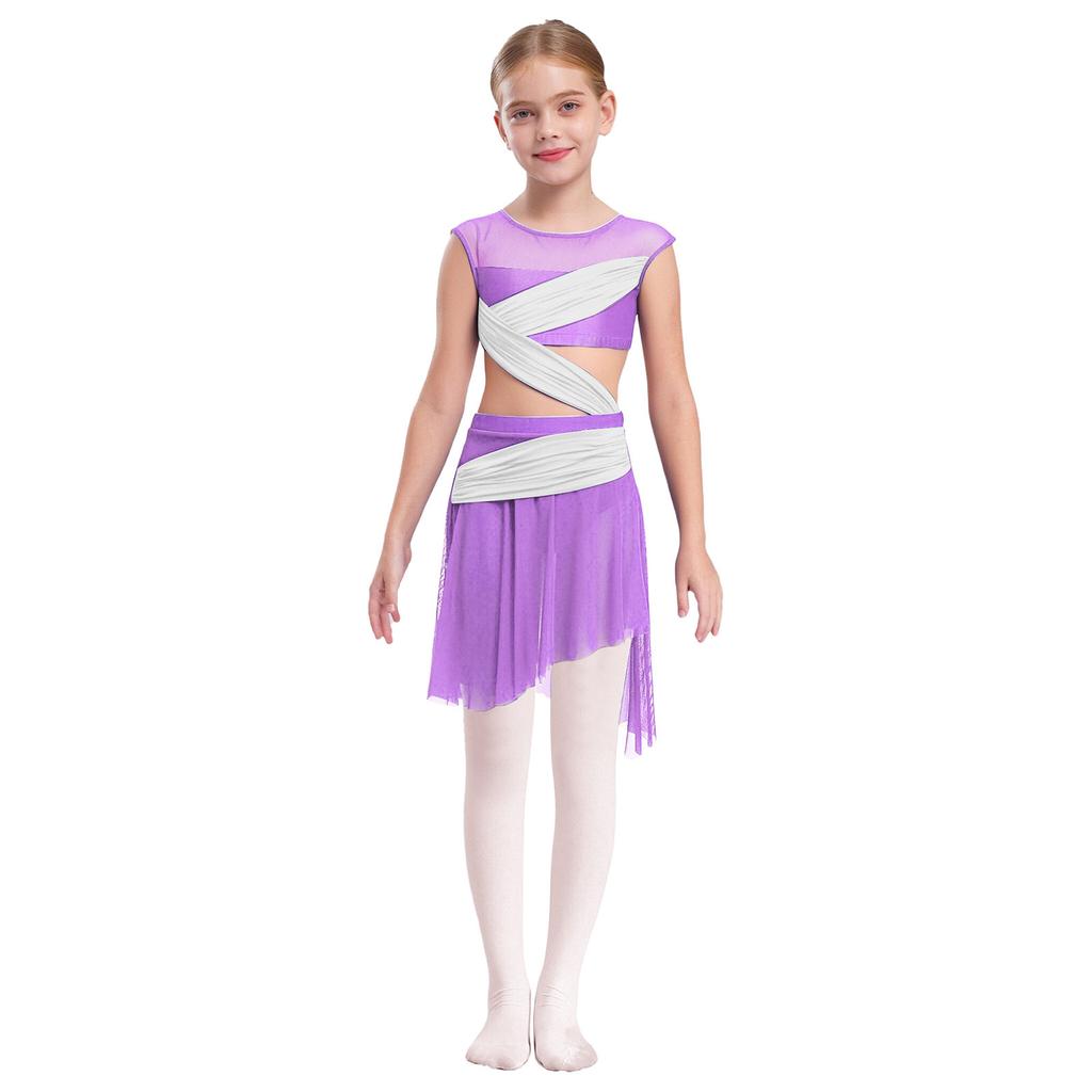 Abito da Danza Lirica a Pezzo Unico da Bambina Senza Maniche Rete Trasparente Patchwork Asimmetrico Abito da Ballo