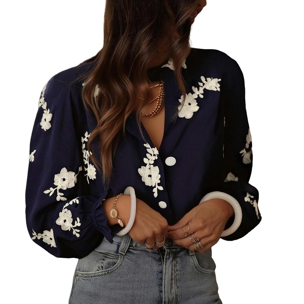 Women's Fashion Cardigan With Puff Sleeves, Ruffled Collar And Embroidered Casual Shirt Top