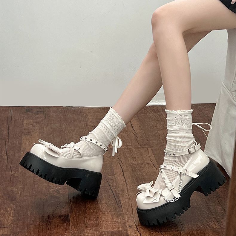 Rivet Round Head Thick Heel Thick Sole Small Leather Shoes Women's 2025 Spring New Black Bow Mary Jane Shallow Mouth Single Shoes
