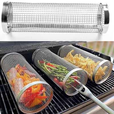 BBQ Grill Basket Wire Mesh Cylinder Portable Round 304 Stainless Steel Grill Basket Barbecue Rack Outdoor Camping Fumigator Tasty