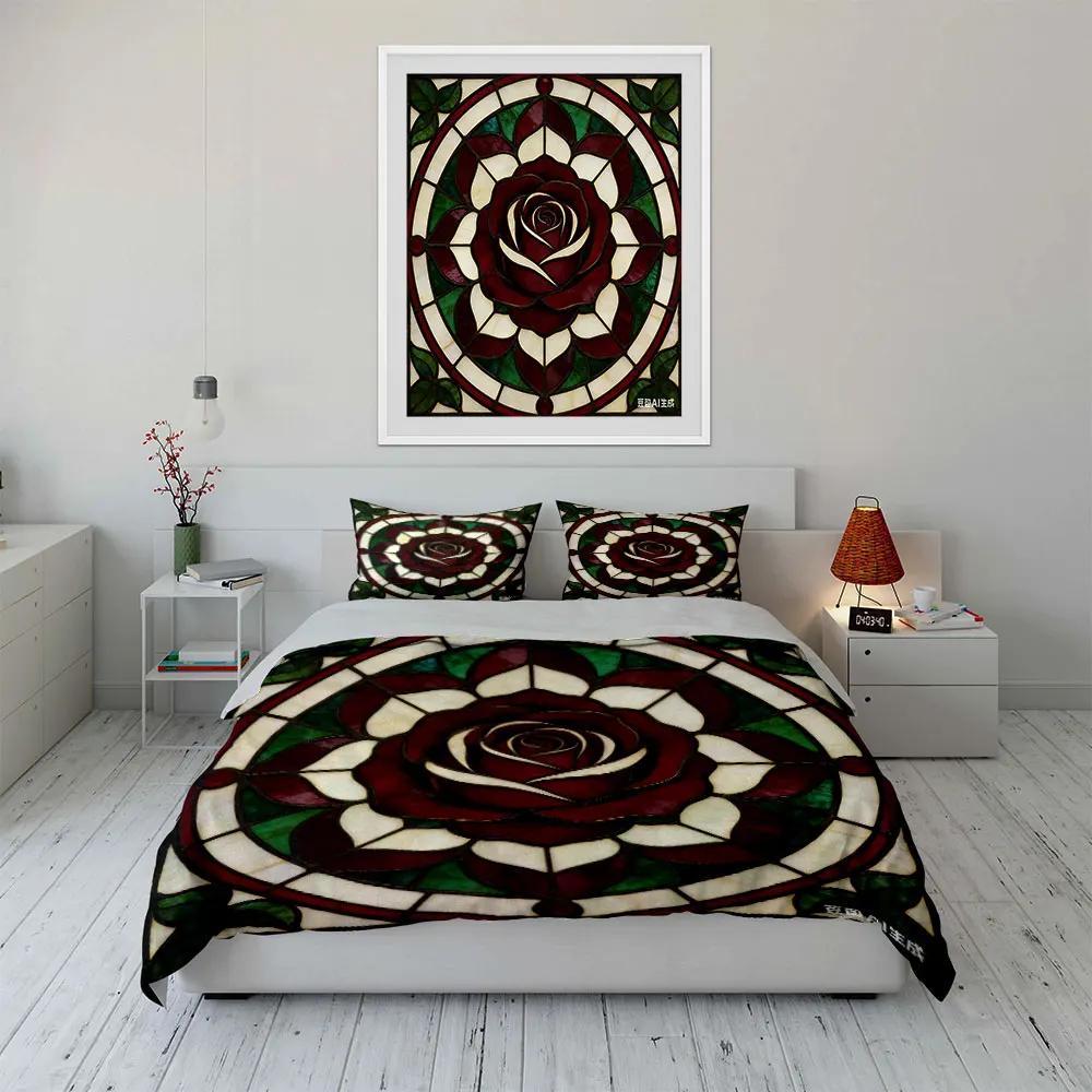Stained Glass Rose Decoration Set Multiple sizes kid's and adults' bedroom Exquisite 3PC bedding set gift