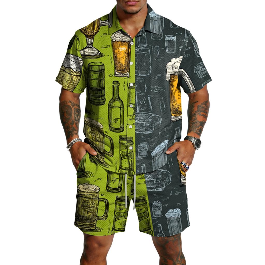 Herren Casual Kurzarmhemd und Shorts Set Bierfest Druck Knopfleiste Leichtes Sommeroutfit Entspannte Passform