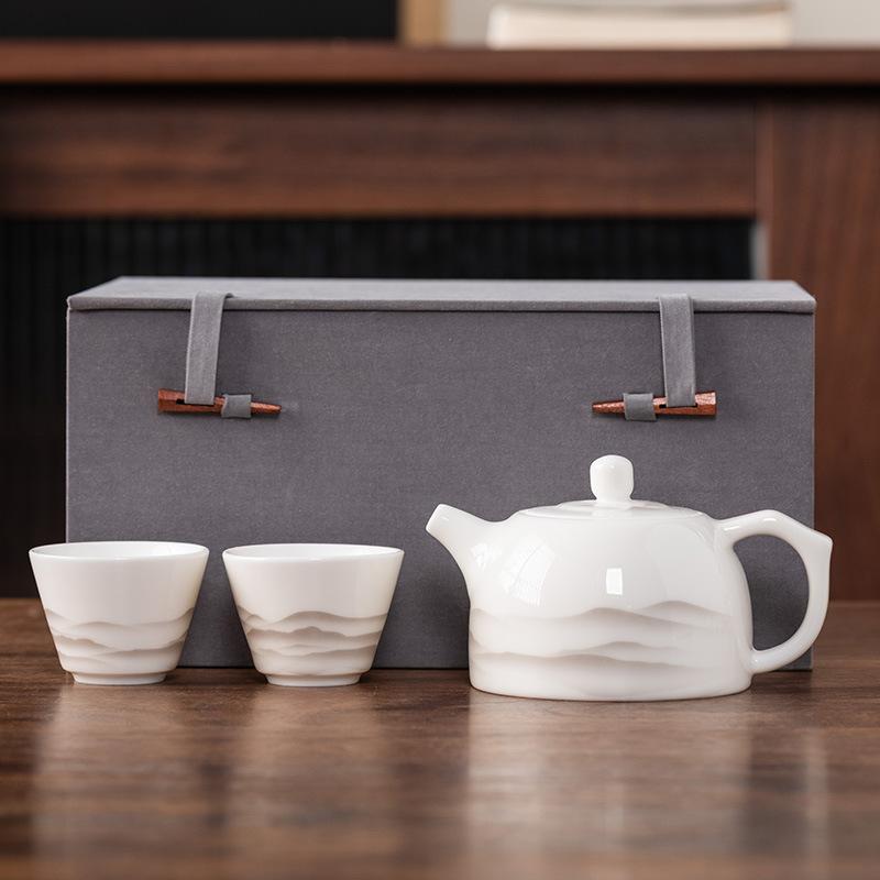 Beam Pot One Pot and Two Cups Suet Jade Porcelain Light Luxury Kung Fu Tea Set Kuaike Cup High-end Brocade Box Gift Box
