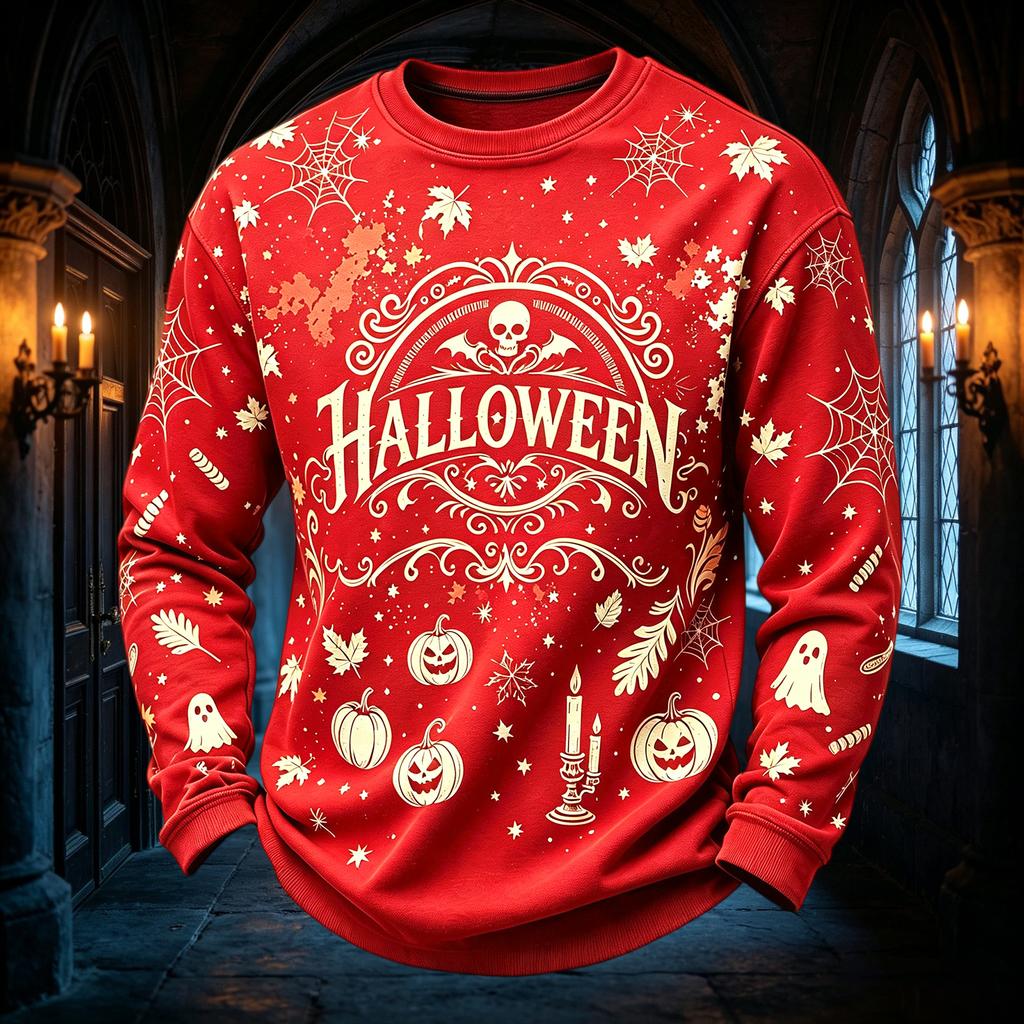 Men's Casual Round Neck Long Sleeve Top with Halloween Print