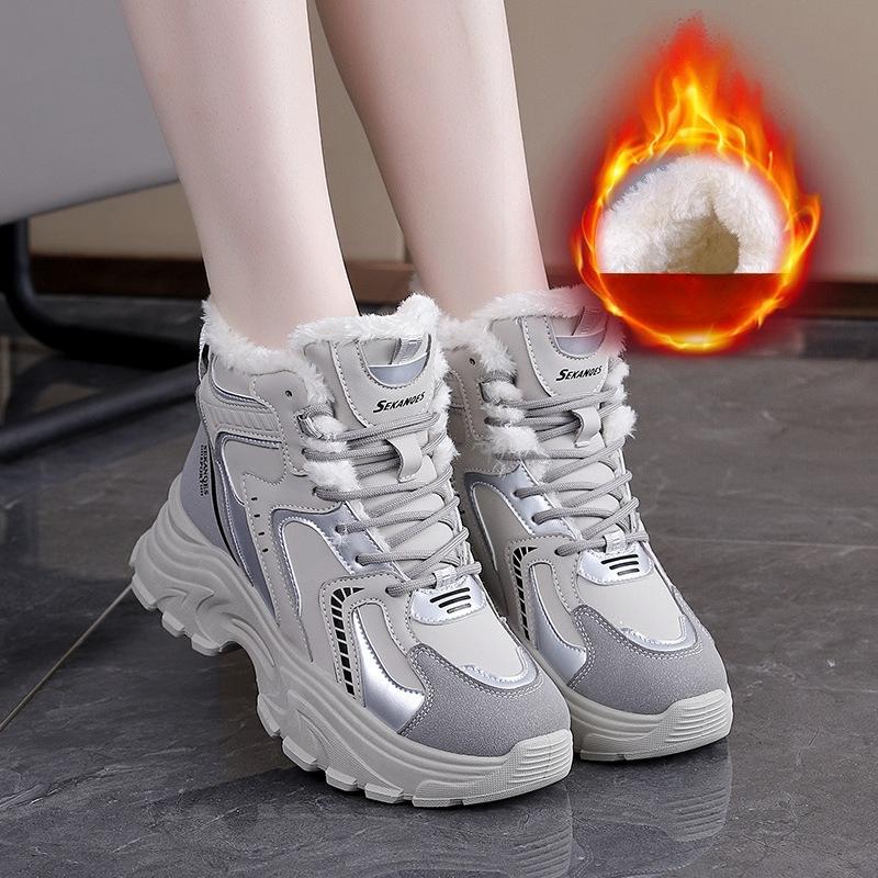 Women's high top large size soft sole fall and winter warm fur one snow boots padded lining non-slip hiking casual sports cotton boots