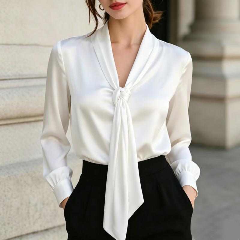 Satin-finish Ribbon Shirt, V-neck, Knotted, Long-sleeved, Formal Work Shirt for Women