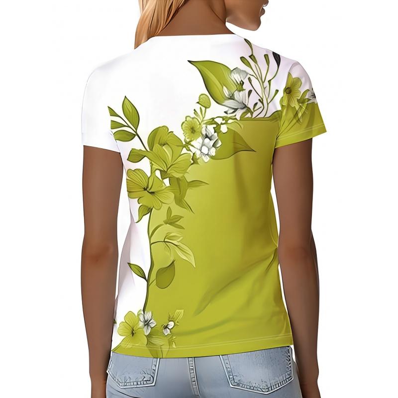 2026Women's Fresh Floral Print Round Neck Short Sleeve T Shirt Two-tone casual everyday versatile top