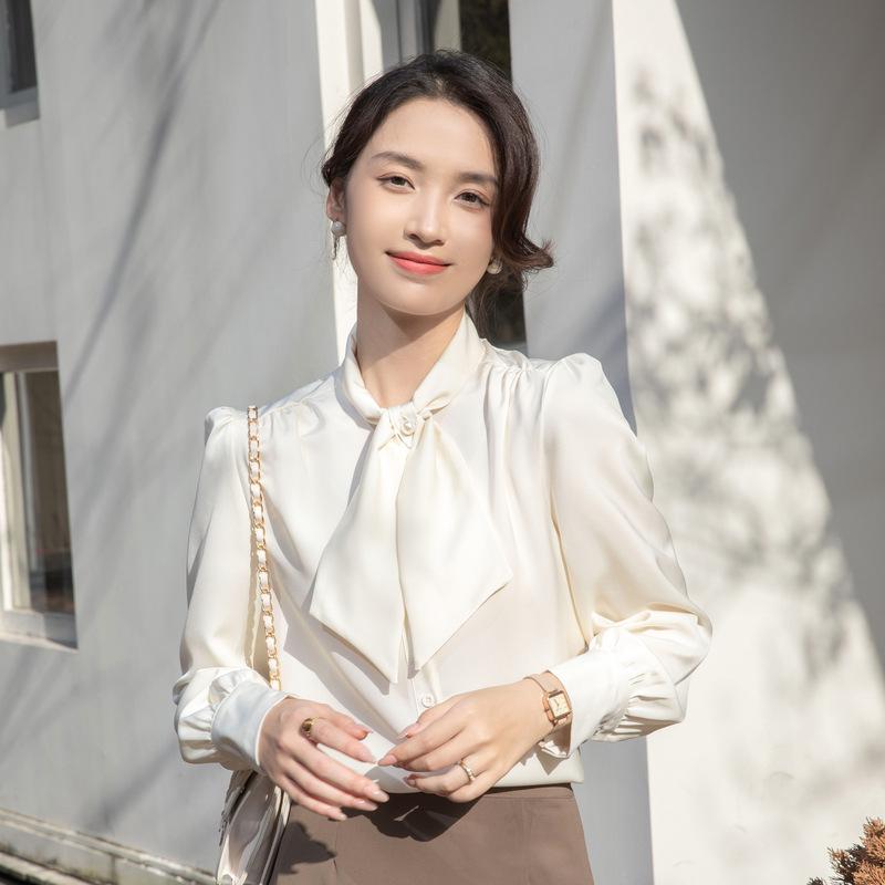 

Women s Satin Long Sleeve Shirt with Ribbon Bow and Stand Collar - Spring 2026 Commuting Style. Extra Large грязно-белый