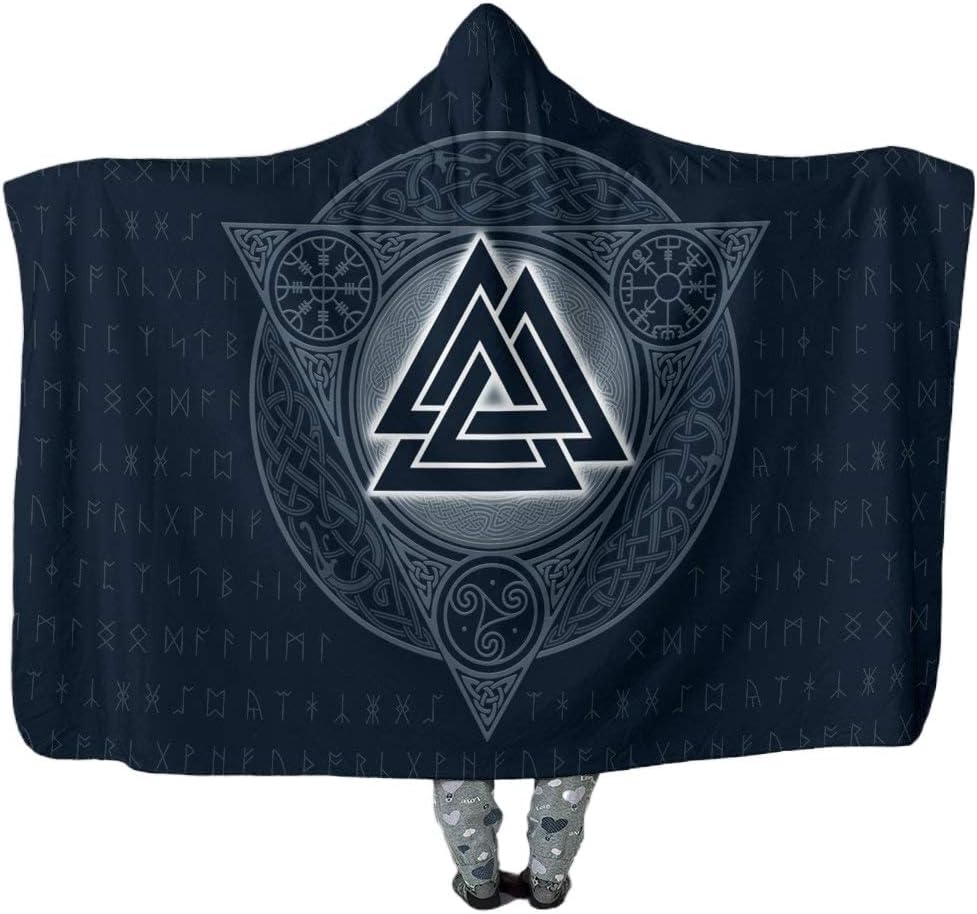 Viking Hooded Blanket Novelty Norse Runes Symbol Hooded Cloak Casual Warm Wearable Blanket Travel Cape Wrap Blanket Nordic Blank