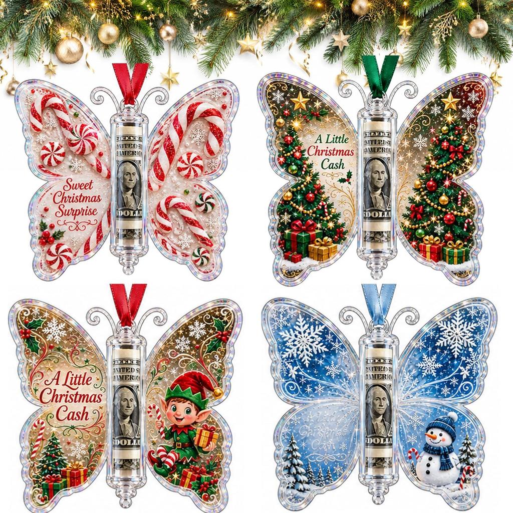 4er-Pack Schmetterling Weihnachten Geldgeschenk Schmuck, Geldhalter für Bargeld, Acryl-Geldhalter Weihnachtsbaum Dekoration, Bargeldgeschenkhalter Feiertags-Hängeornament
