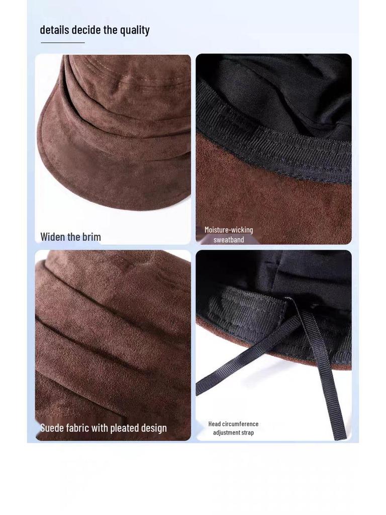 Korean Brown Equestrian Style Women's Flat Top Suede Cap - Face Slimming, Versatile for Spring and Autumn.