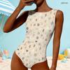 Women Plus Size High Round Neck Sleeveless Beige Printed One Piece Swimsuit
