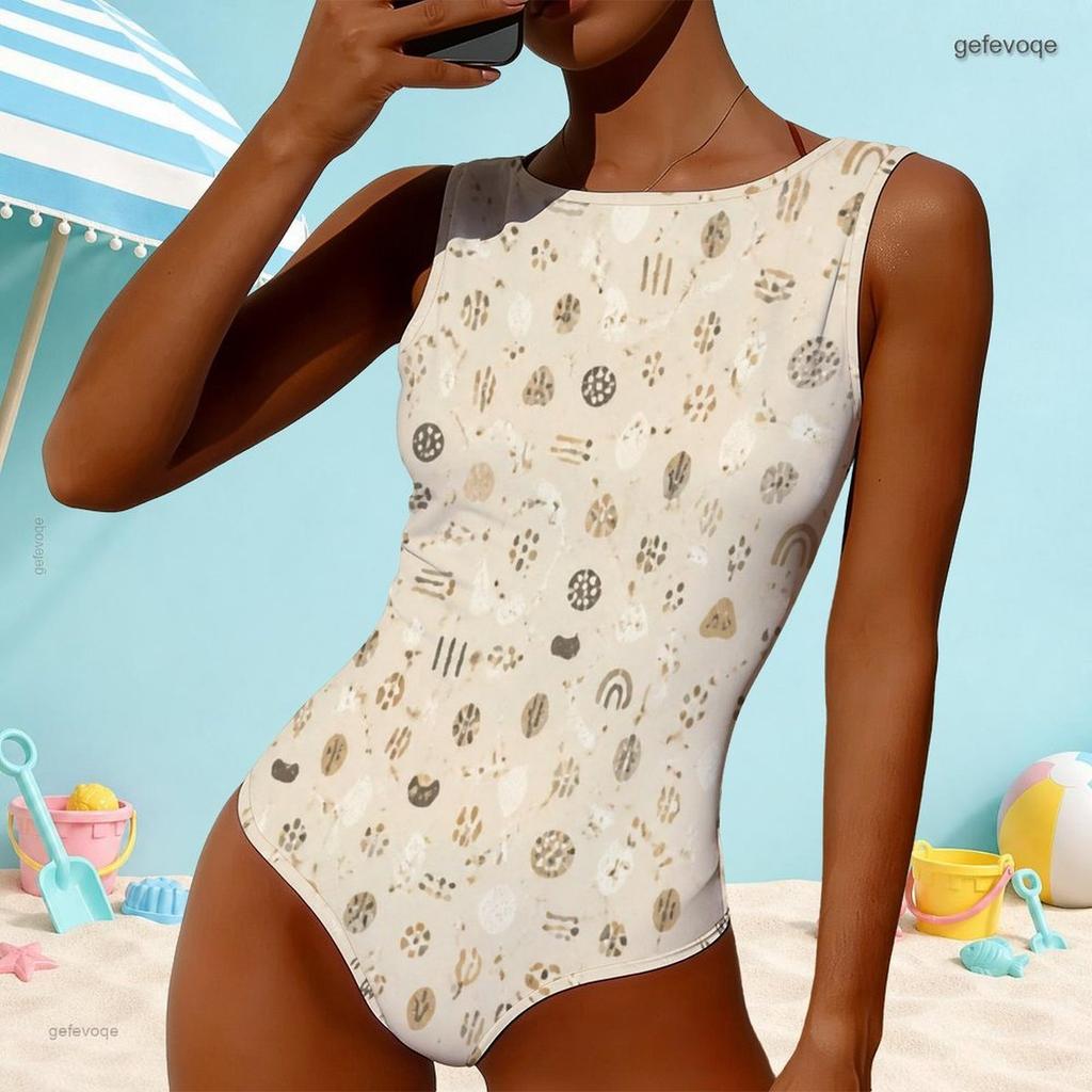 Women Plus Size High Round Neck Sleeveless Beige Printed One Piece Swimsuit