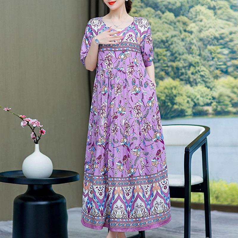 Damenkleid, Sommer, Vintage-Kleidung, lässig, kurzärmelig, langes Kleid für Damen, Sommer-Outfit