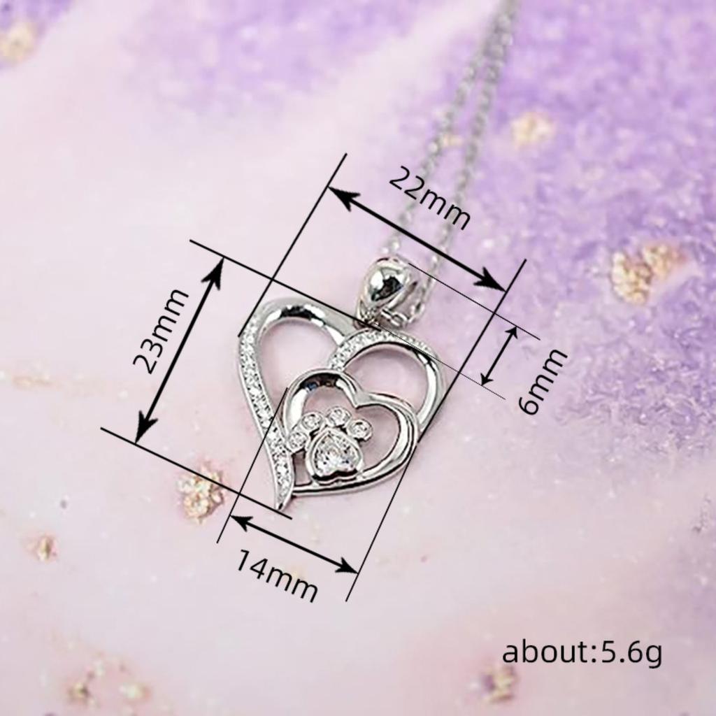 Nested Double Hollow Heart Inlaid Paw Print Stone Pendant Thin Link Chain Pet Lover Women Neck Jewelry