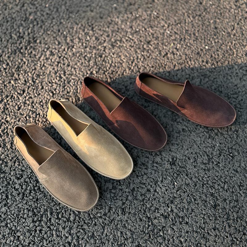Johnature Retro Handmade Cow Suede Loafers Versatile Round Toe Soft Soled Women's Flat Slip-on Shoes