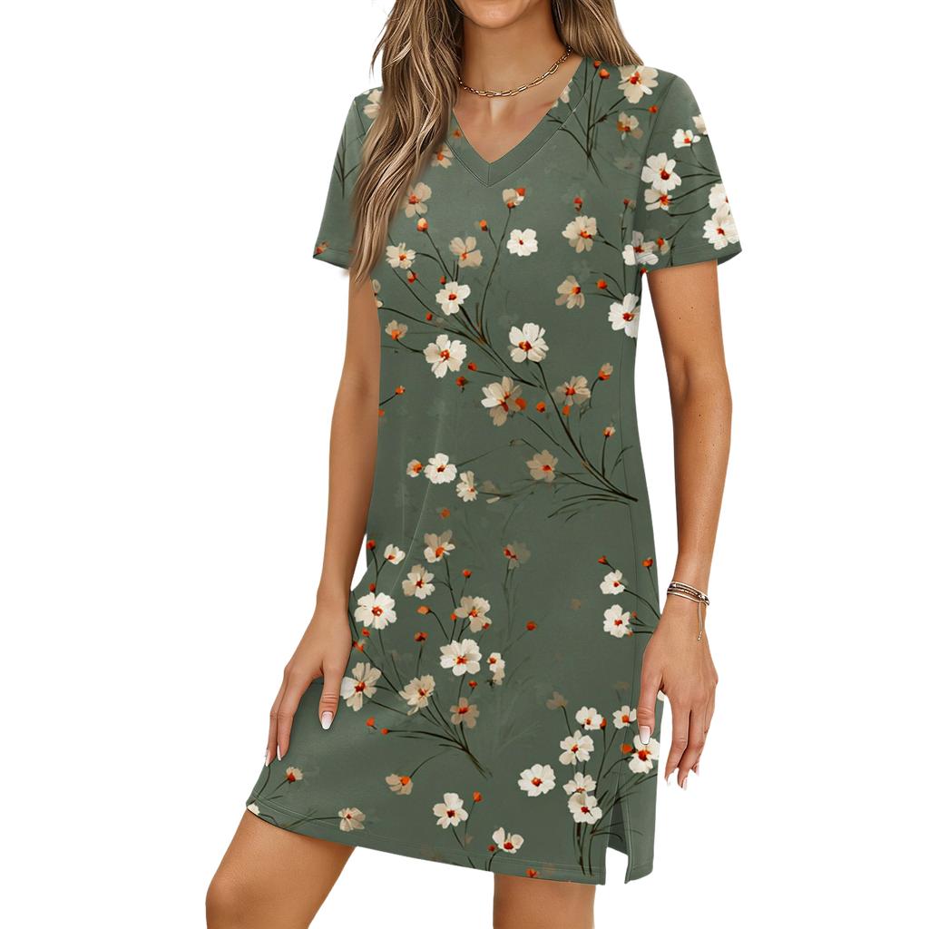 Women's Casual V-neck Short Sleeve Split Hem Floral Print Dress