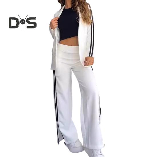 

Комплект из 2 предметов: пальто и брюки для леди, отложной воротник, длинные рукава, свободные полосатые брюки с широкими штанинами, повседневная одежда для поездок на работу L белый