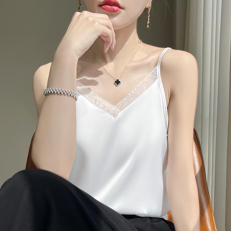 Silk Satin Women's Sleeveless V-Neck Mesh Spliced Camisole Vest - 2026 Spring/Summer Collection