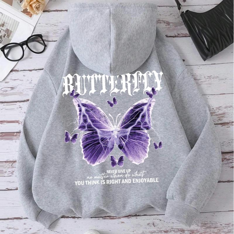 Beautiful Purple Butterfly Printing Hoodies Women Fleece Pocket Hoody Simple Casual Hoodie Autumn Loose Female Streetwear