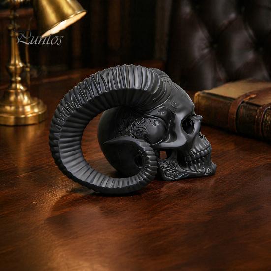 Personalized Goth Room Decor 3D Printed Goat Horn Skull Ornament, Gothic Ram Horned Devil Handmade Style Desktop Skull, Halloween Dark Statue for Home