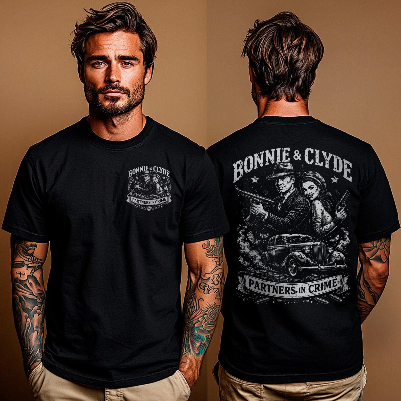 Bonnie & Clyde Shirt: Partners in Crime Unisex T-Shirt | Vintage Gangster Outlaw Tee | Classic Crime Couple Graphic Shirt Gift for Couples 3XL